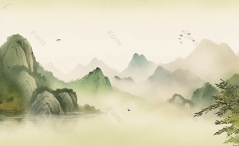 水彩风格云雾弥漫的山峰飞过的飞鸟与树叶复古风格插画背景,插画/手绘图,插画/手绘图库,插画/手绘图下载,插画/手绘
